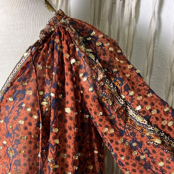 Ulla Johnson Calista Sheer Silk Blouse in Rust Gold and Navy Size 2 - Picture 3 of 14